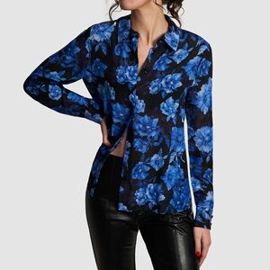 ALICE + OLIVIA Willa Floral Silk Chiffon Blouse Top Blue Black Dream Romantic L